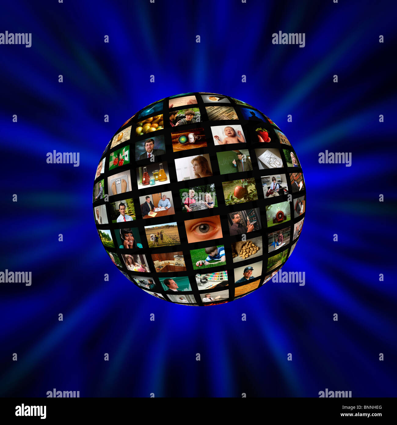 Eine Kugel von Bildern oder video-Bildschirme in einem blauen Wirbel Stockfoto