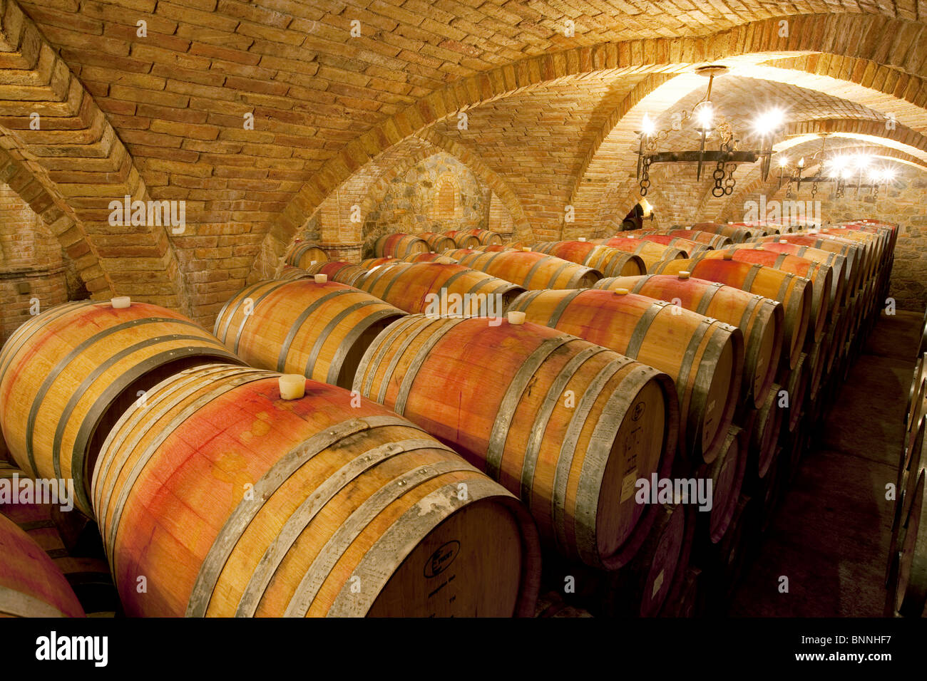 Alterung in Fässern im Keller Wein. Castello di Amerorosa. Napa Valley, Kalifornien. Eigenschaft relased Stockfoto