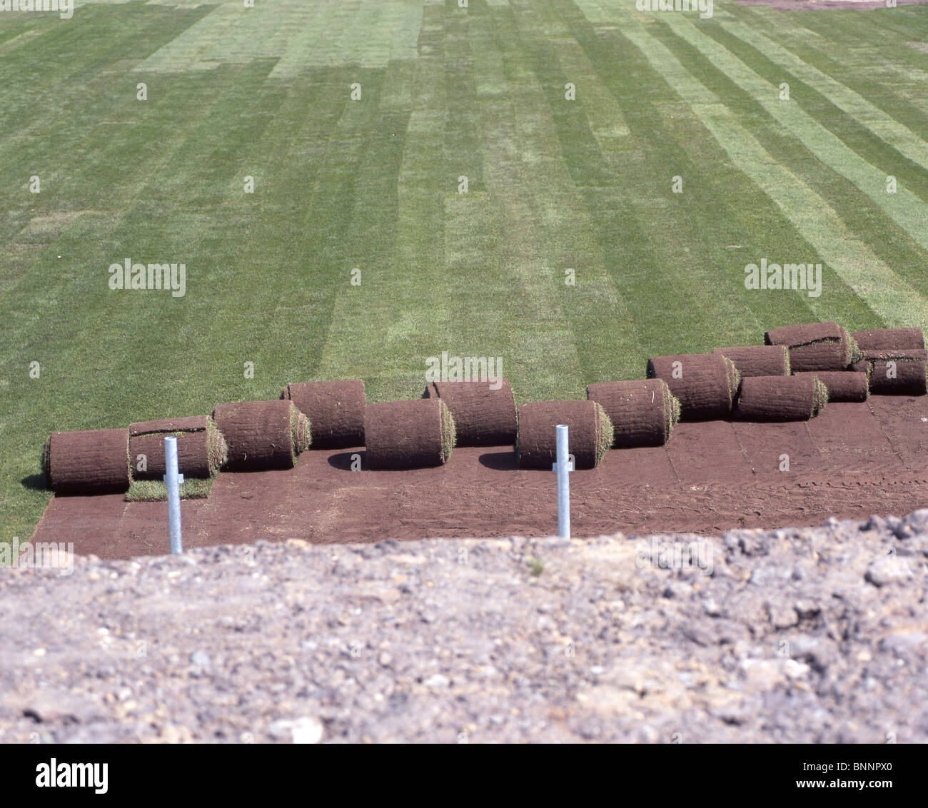 Rasen ausgerollt aufrollen Rasen Teppich Fußball Fußball Wiese Rasen Sport  Bereich Fußball Feld Preparieren Sport Schweiz Stockfotografie - Alamy