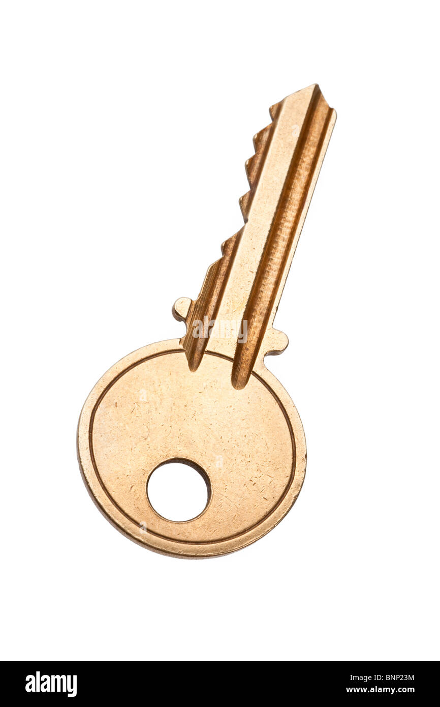 Goldene Schlüssel mit weißem Hintergrund Stockfoto