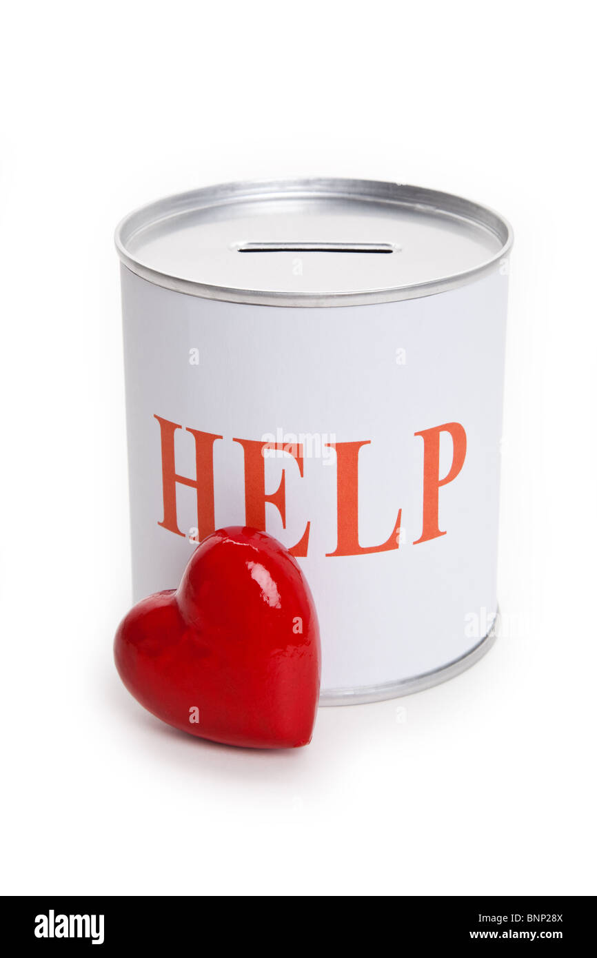 Hilfe, Spendenbox und rotes Herz, Konzept der Fürsorge und Liebe Stockfoto