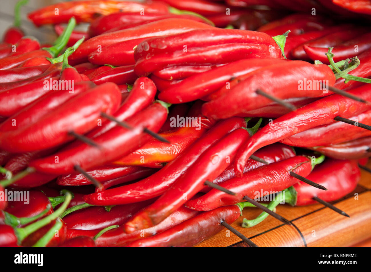 Spieße mit berühmten roten Chilis in einem Restaurant in Sanliurfa, Türkei Stockfoto
