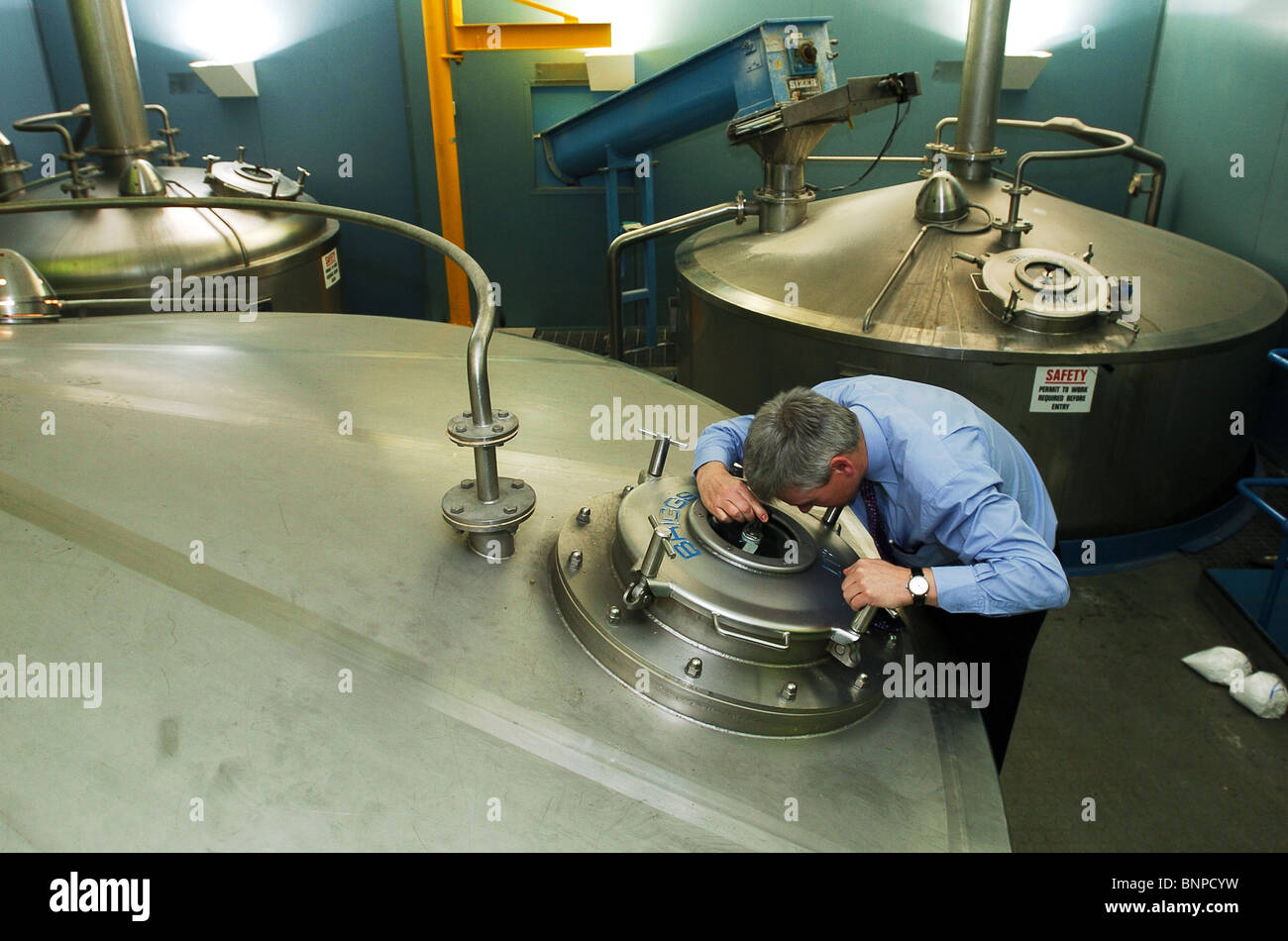 Ein Brauer inspiziert die Maische durch ein Sichtfenster in einem Kupfer an der Charles Wells Adler Brauerei Bedford GROSSBRITANNIEN Stockfoto
