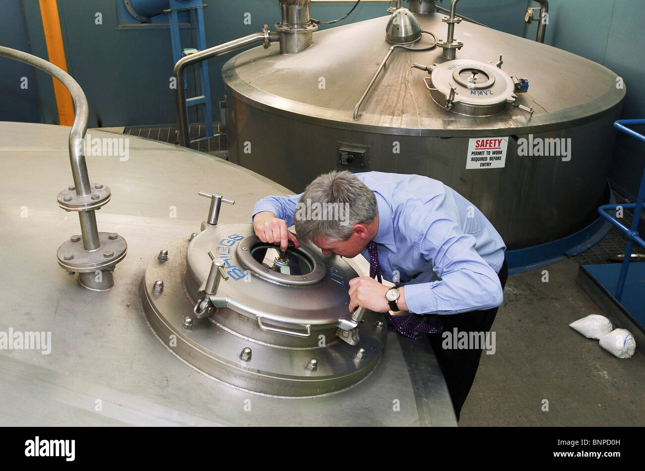 Ein Brauer inspiziert die Maische durch ein Sichtfenster in einem Kupfer an der Charles Wells Adler Brauerei Bedford GROSSBRITANNIEN Stockfoto