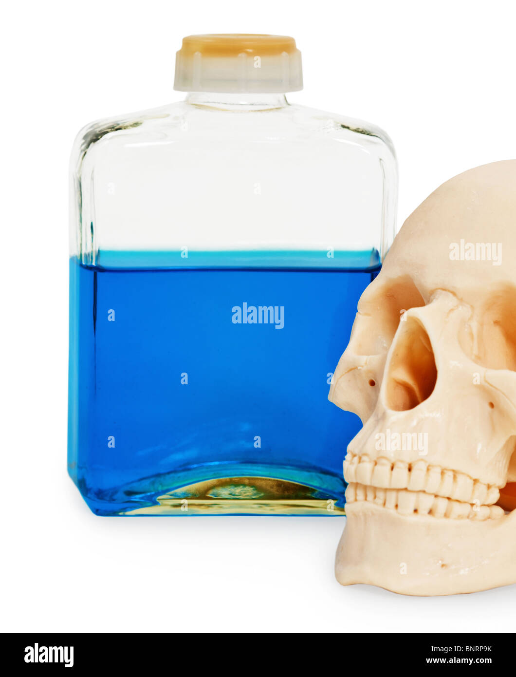 Still-Leben - eine Flasche Gift und ein menschlicher Schädel auf weiß Stockfoto