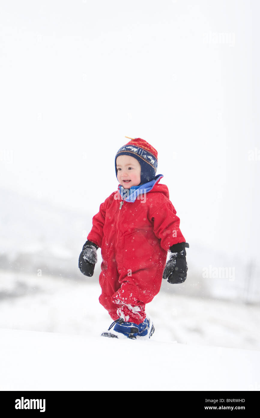 Ein zweier Jahre alter Junge spielt in einem schneebedeckten Feld während eines Schneesturms in einem roten Schneeanzug in einem Park, Fort Collins, Colorado. Stockfoto