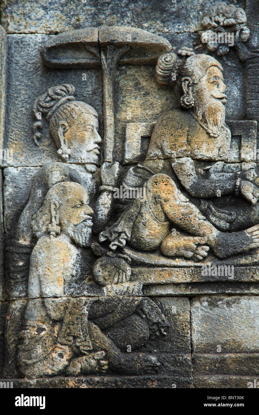 Indonesien, Java, Borobudur-Tempel, Skulptur, Stein, Schnitzerei, Relief, Detail, Stockfoto