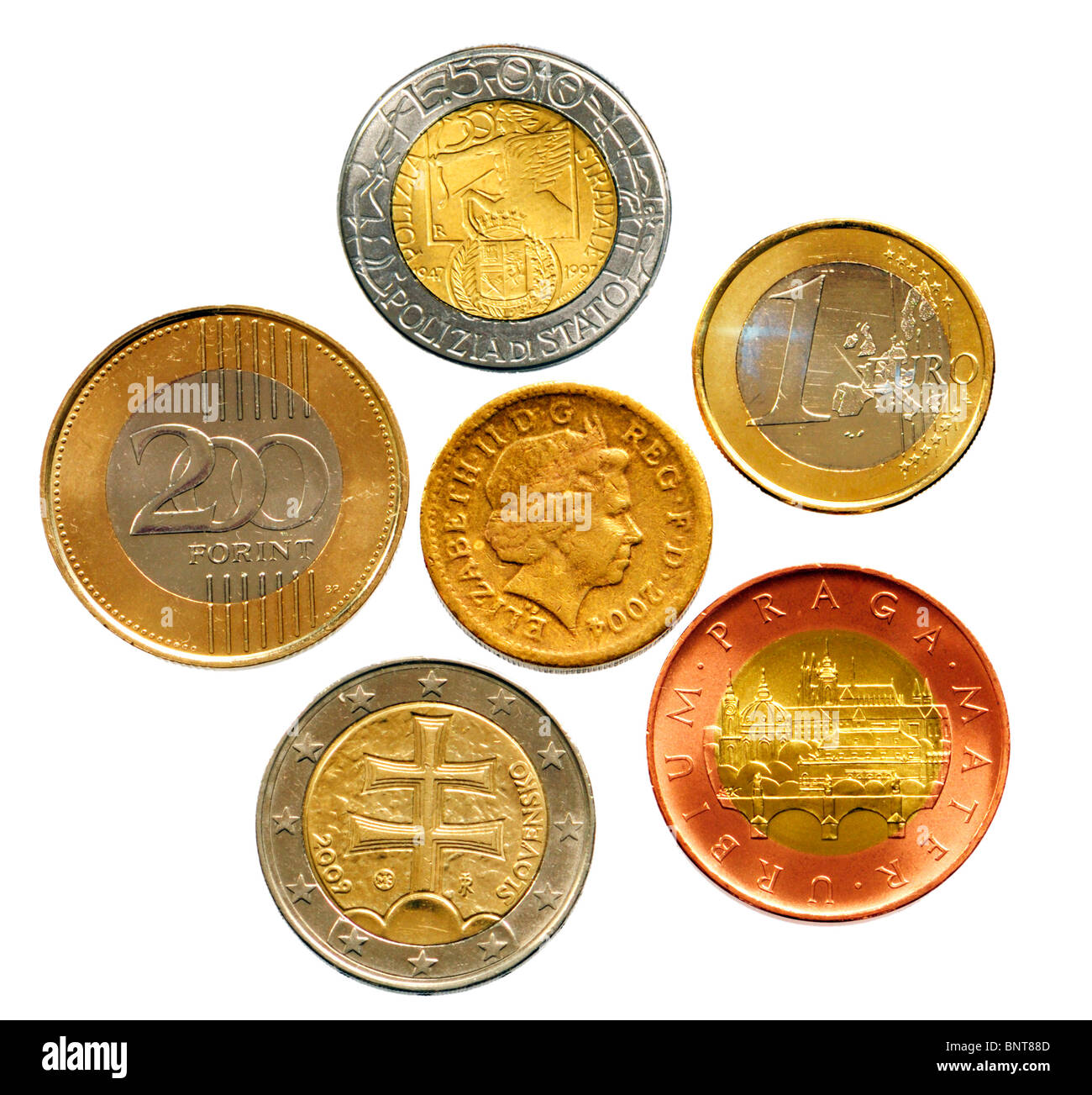 Fake-Pfund-Münze und Bimetall Münzen: 500L (Italien, Pre-Euro); 1 Euro; 50Kc (Tschechisch); 2 Euro (Slowakei); 200ft (Ungarn) Stockfoto