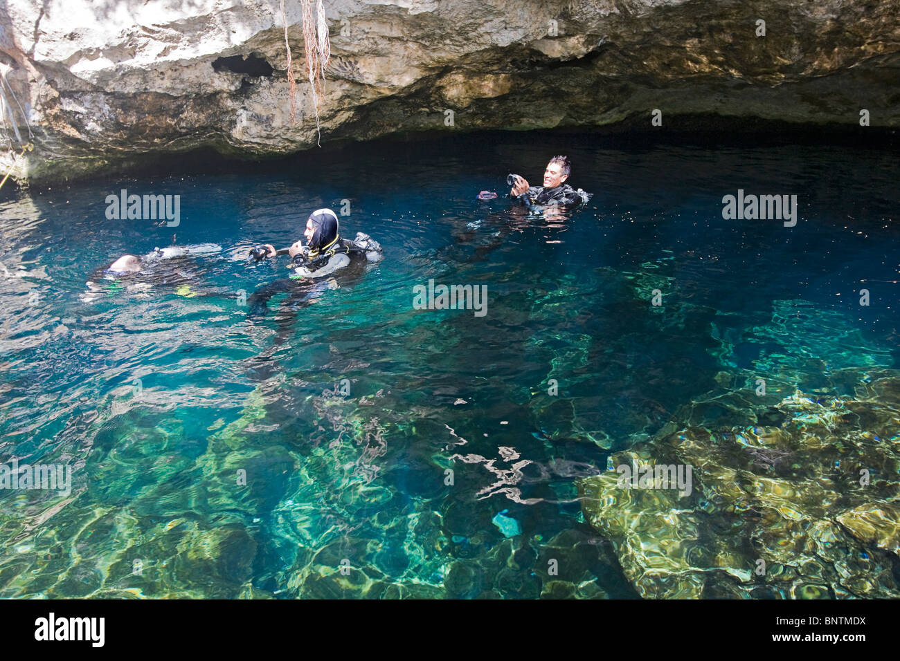 Tauchen in Chac Mool, eines der Höhlensysteme auf der Yucatan-Halbinsel in Mexiko. Stockfoto