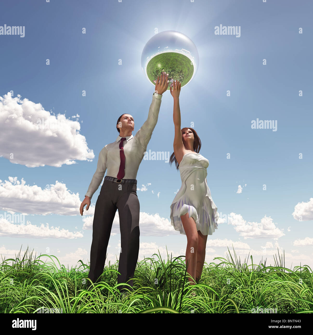 Mann und Frau mit Globus Stockfoto