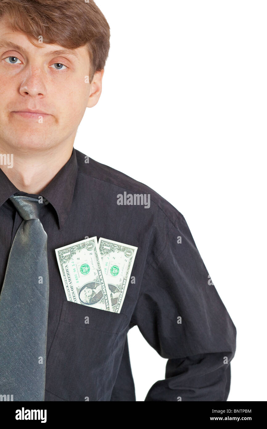 Eine Person unzufrieden mit niedrigen Löhnen, isoliert auf weißem Hintergrund Stockfoto