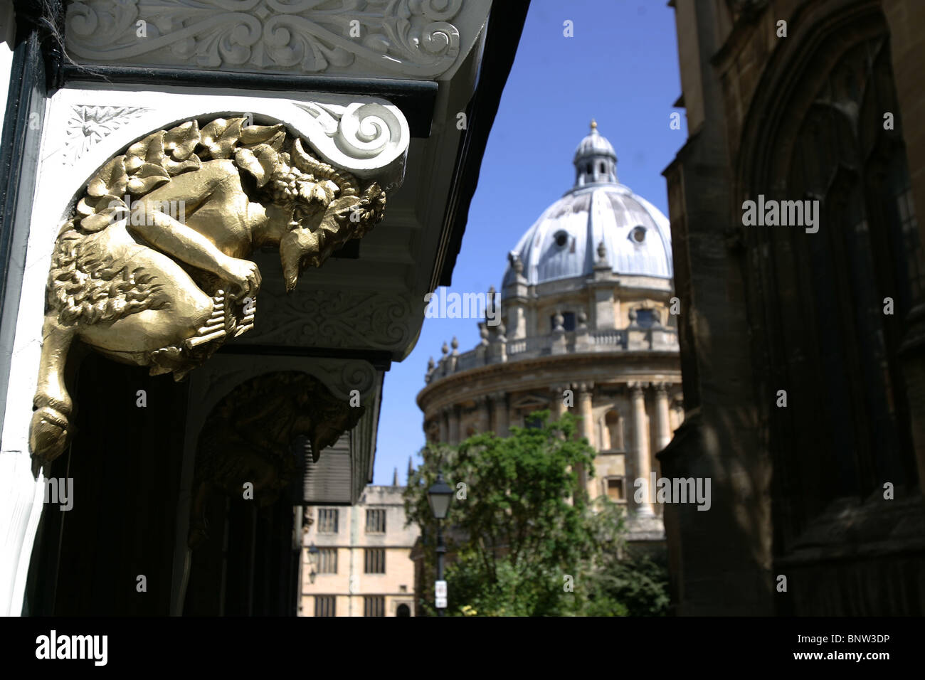 Ein Blick auf die Radcliffe Camera durch eine Passage aus der Oxford High Street. Stockfoto