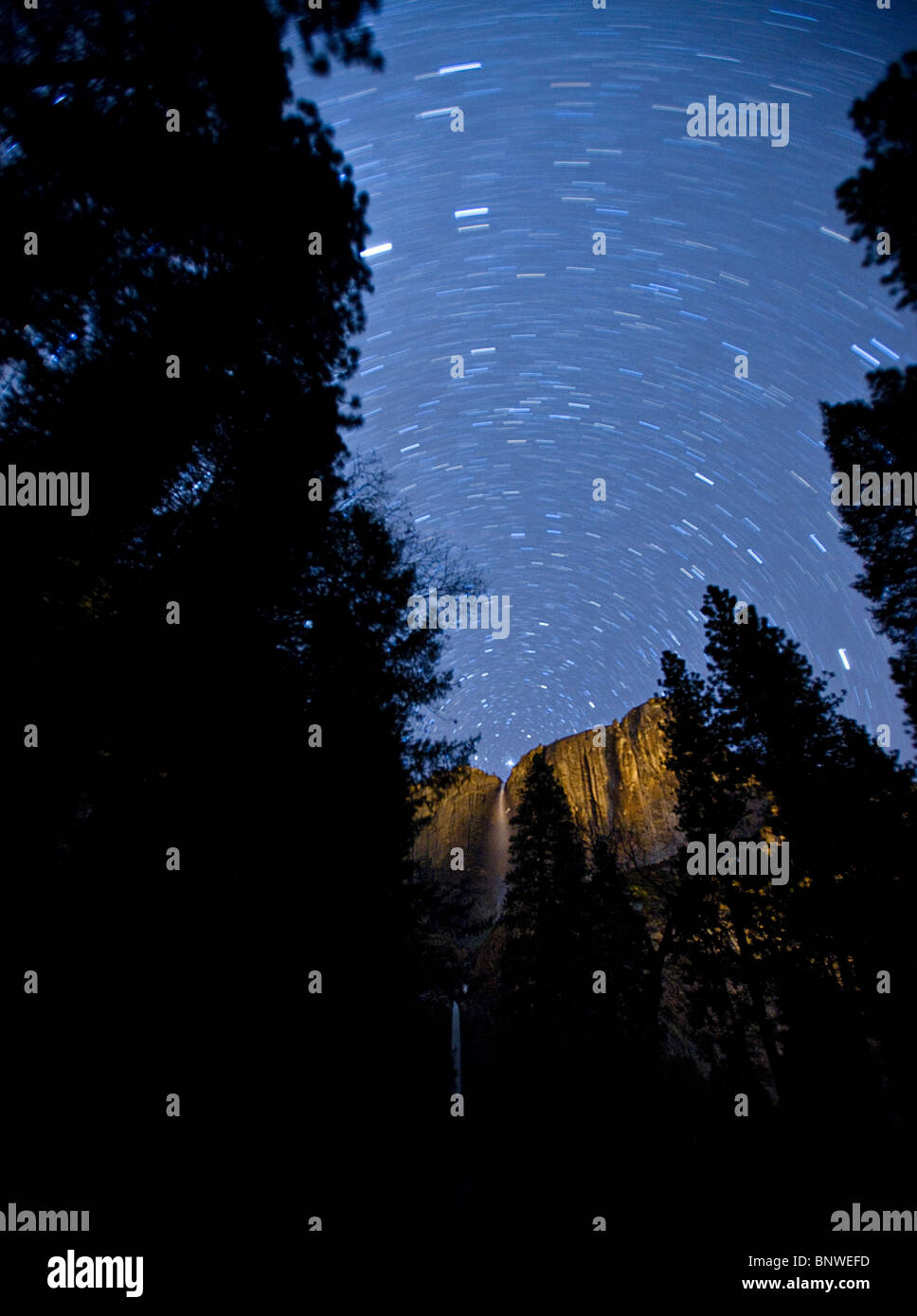 Sternspuren rund um den Polarstern über Yosemite Falls, Yosemite-Nationalpark, Kalifornien, USA. Stockfoto