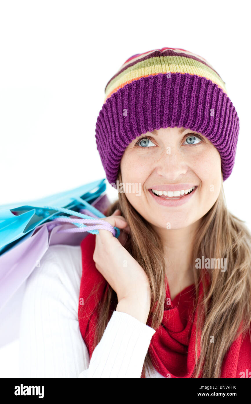 Positive Frau Holding Shopping bags Stockfoto