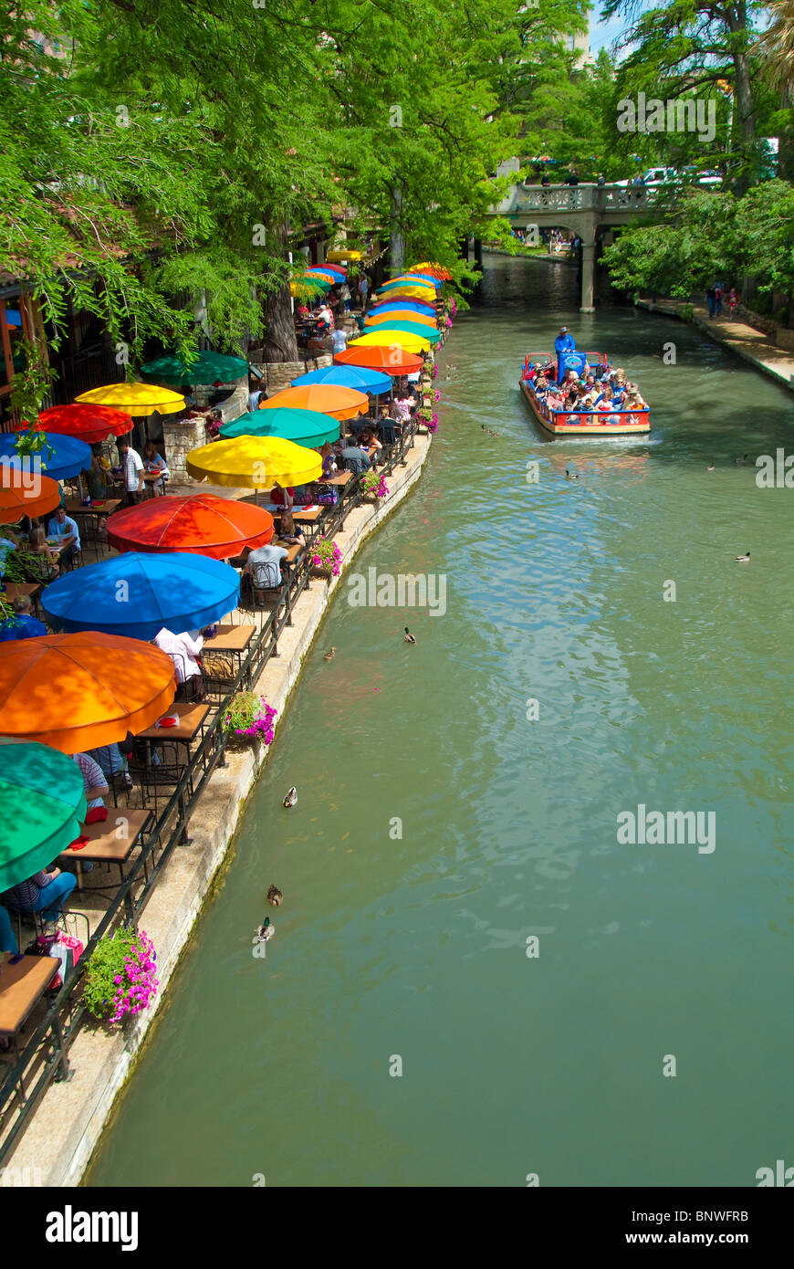 Restaurants säumen der River Walk am Paseo del Rio in der Innenstadt von San Antonio, Texas, USA Stockfoto