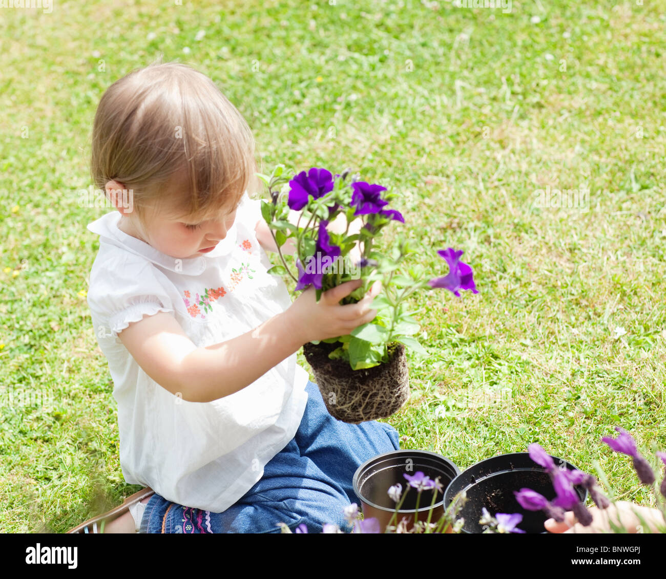 Kind hält eine Blume Stockfoto