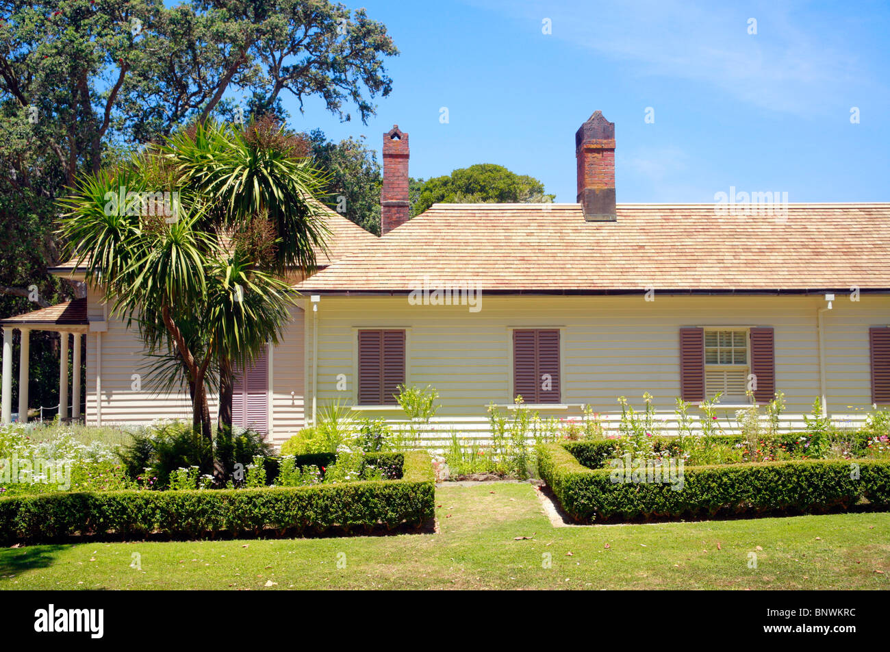 Das Vertrags-Haus am Waitangi, Heimat von James Busby, der erste britische Bewohner. Waitangi Treaty Grounds, in der Nähe von Russell, Bay of Islands, Neuseeland. Stockfoto