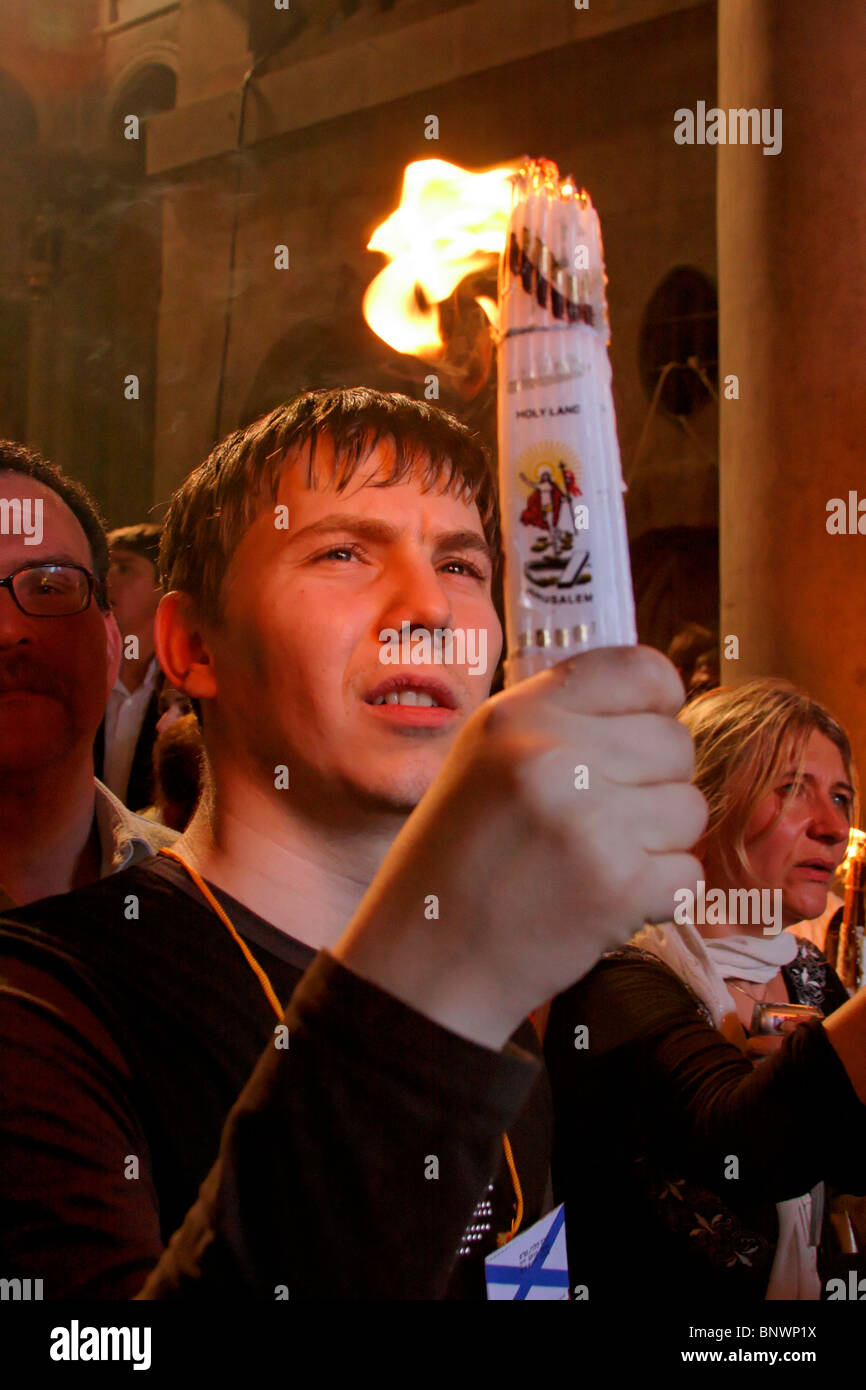 Israel, die Altstadt von Jerusalem, die Zeremonie des Heiligen Lichts in der Kirche des Heiligen Grabes am Karsamstag, Ostern Stockfoto