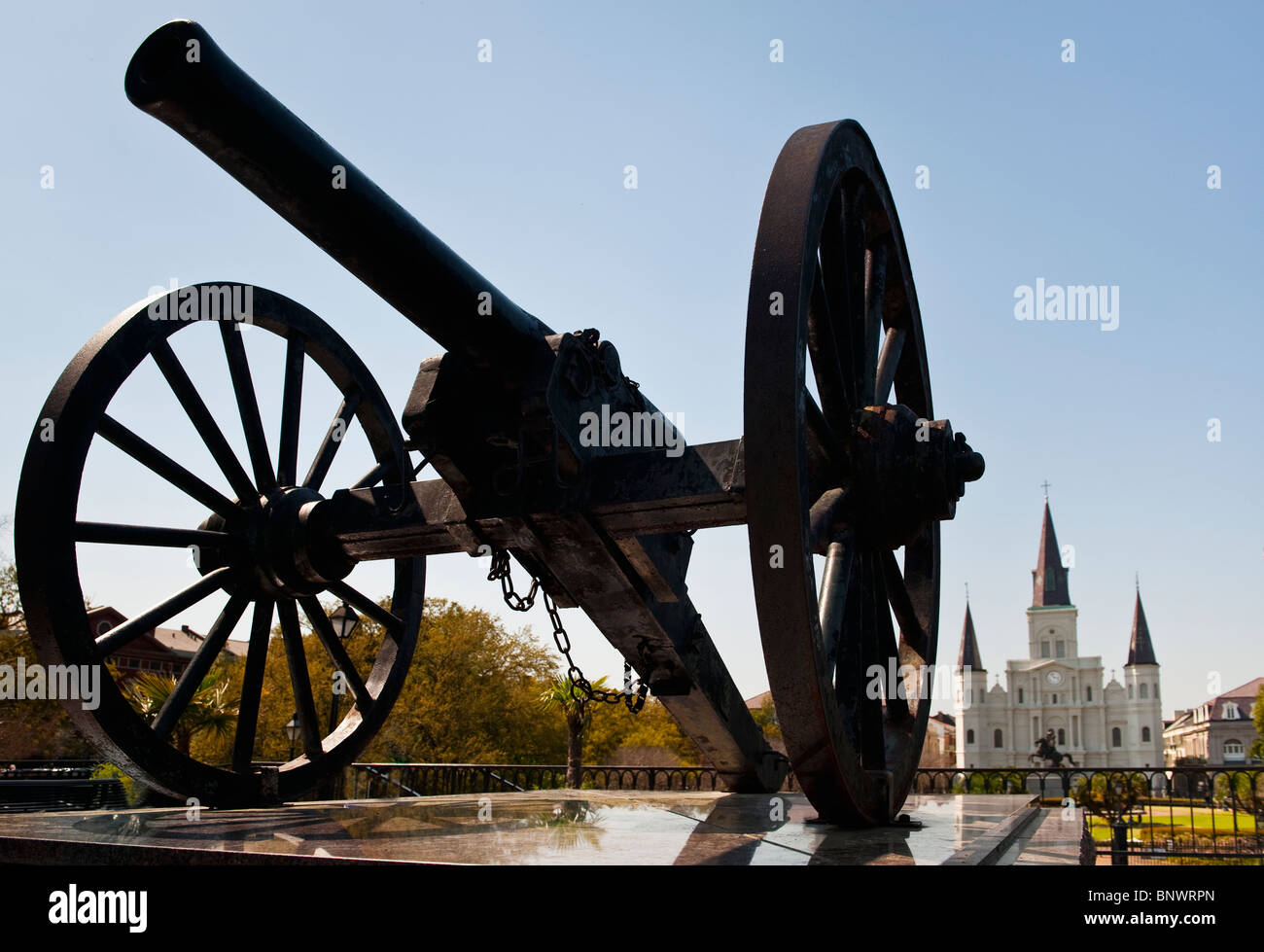 Kanone am Jackson Square in New Orleans Stockfoto