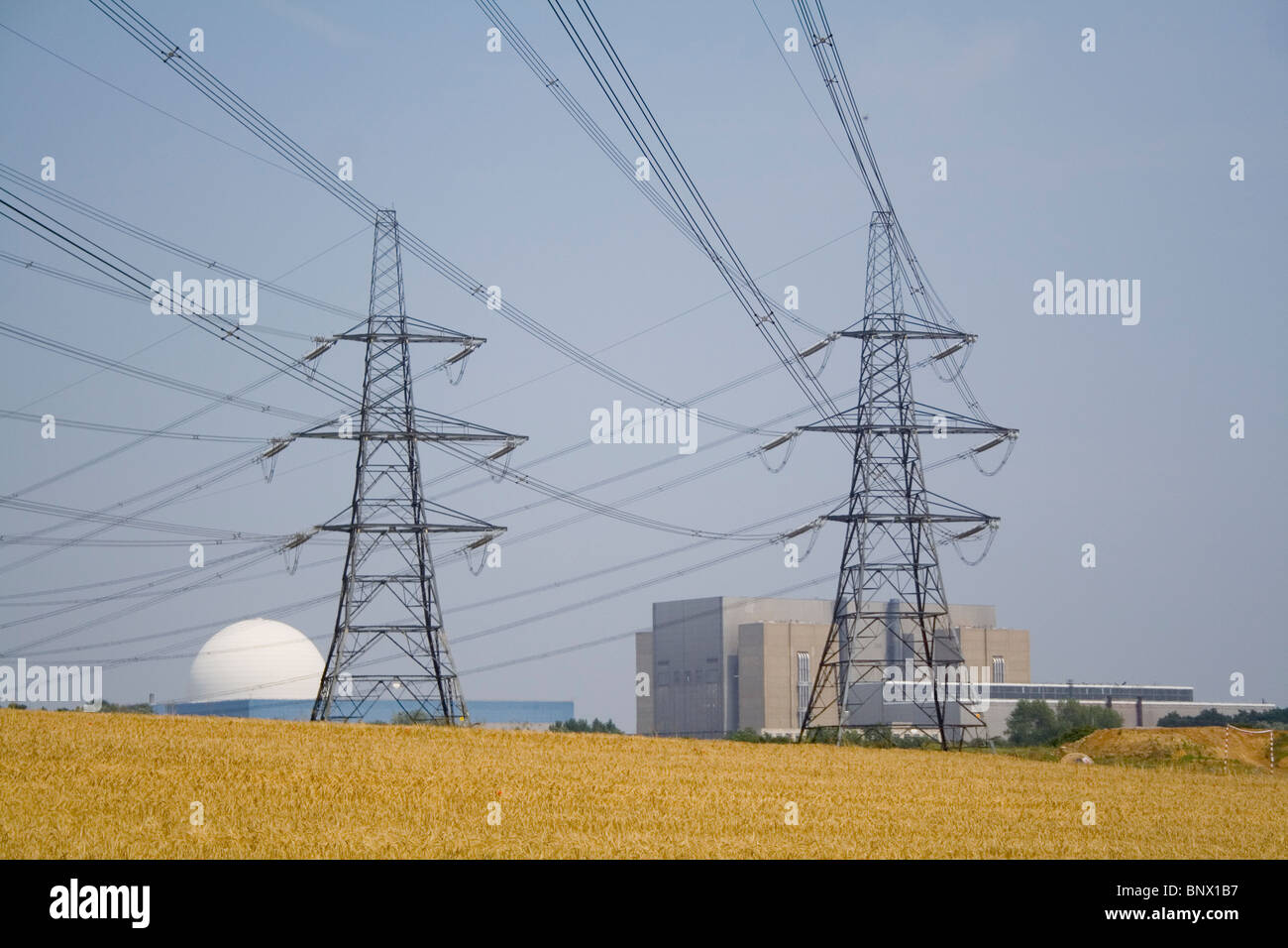 Elektrische Masten zum Kernkraftwerk Sizewell in Suffolk. Stockfoto