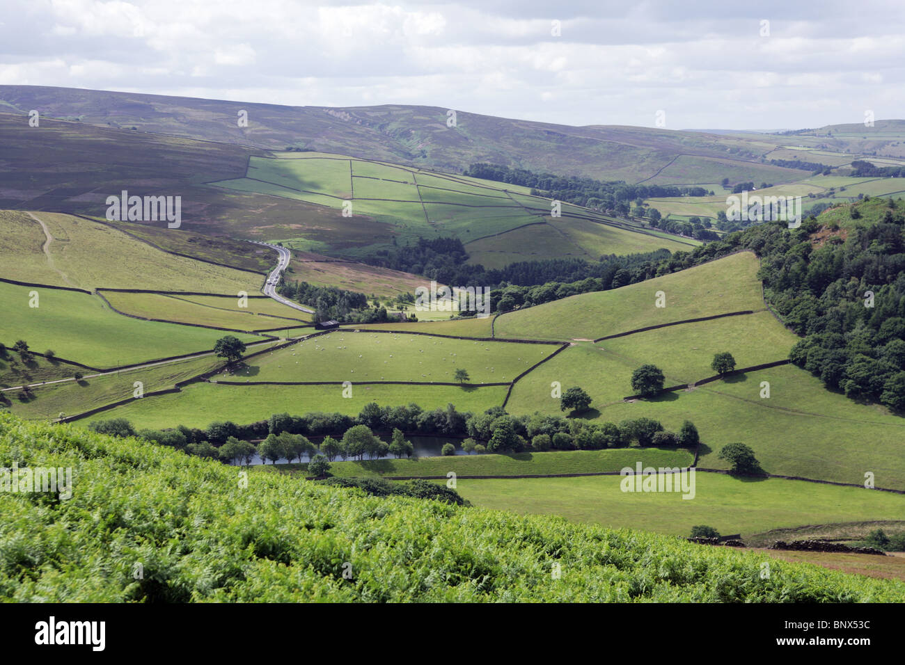 Fernsicht auf den Snake Pass A57 im Peak District. Stockfoto