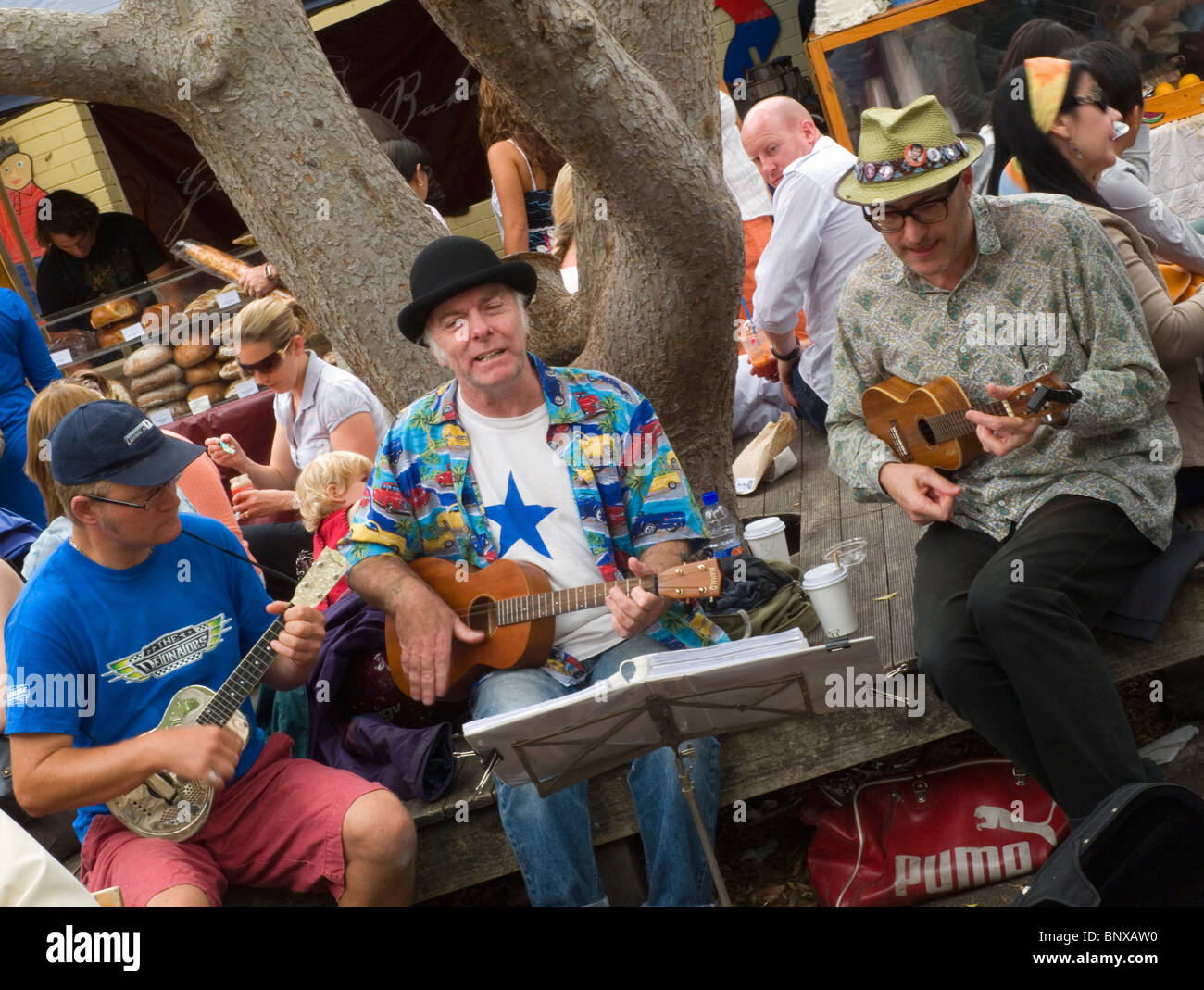 Straßenmusik Musiker an der Paddington Markets. Sydney, New South Wales, Australien Stockfoto