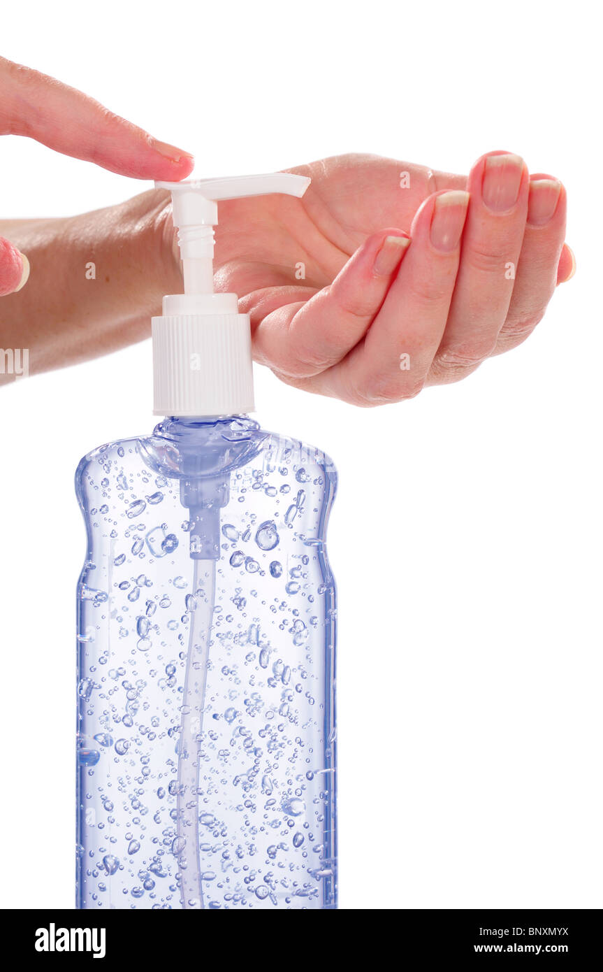 Frau Händedesinfektionsgels aus einer Flasche, Konzept für die Schweinegrippe H1 N1 Krankheit Pumpen Stockfoto