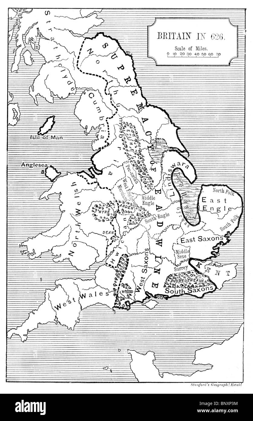 Schwarz / weiß Darstellung der Karte von Anglo-Saxon England im 7. Jahrhundert zeigt die Überlegenheit des Königs Aedwine Stockfoto