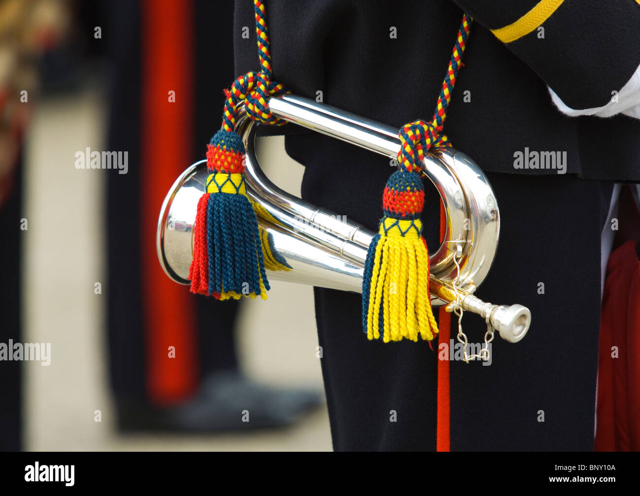 Royal Marines Band Schlagzeuger Signalhorn hautnah Stockfoto