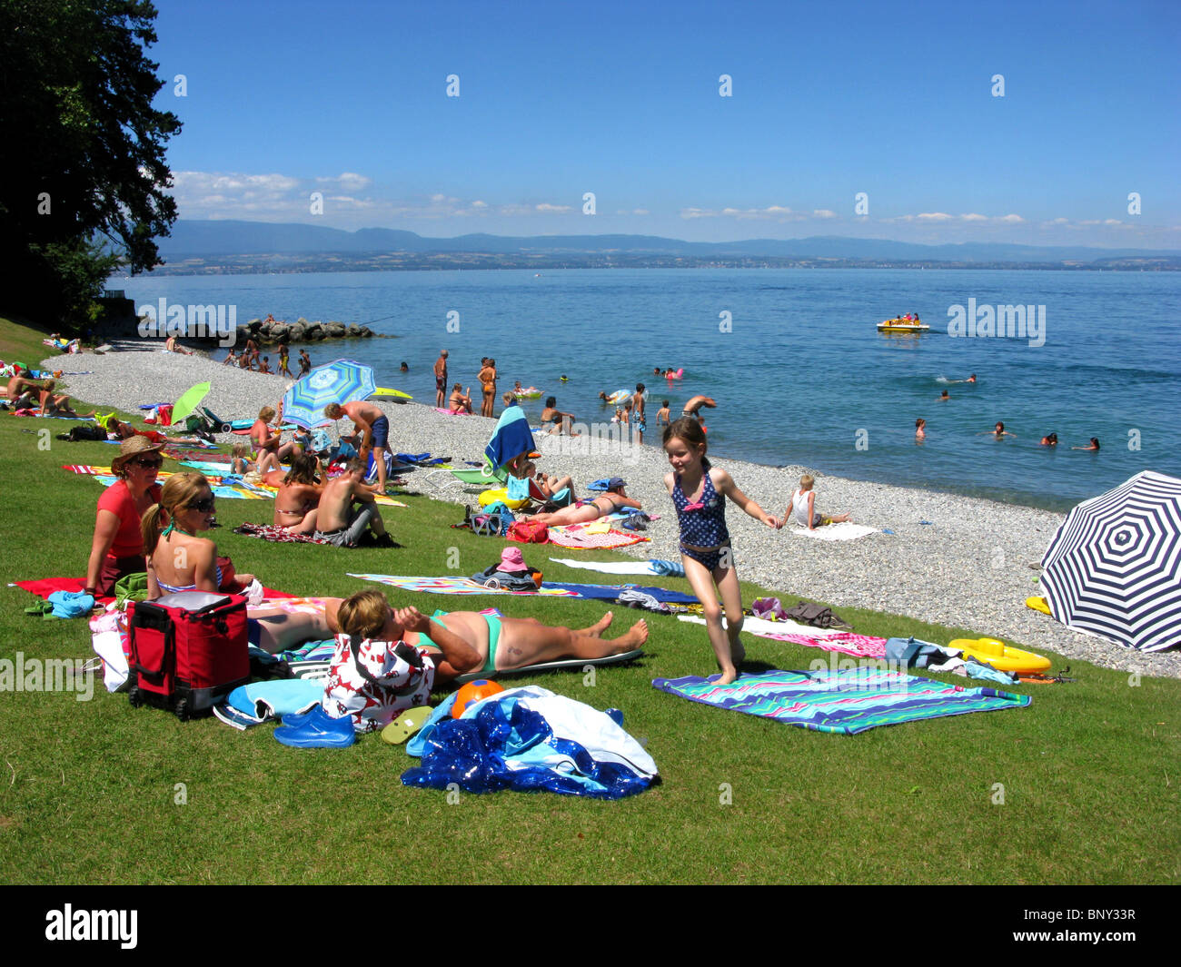 Evian, Strand vom See Lac Leman, Evian, Frankreich Stockfoto