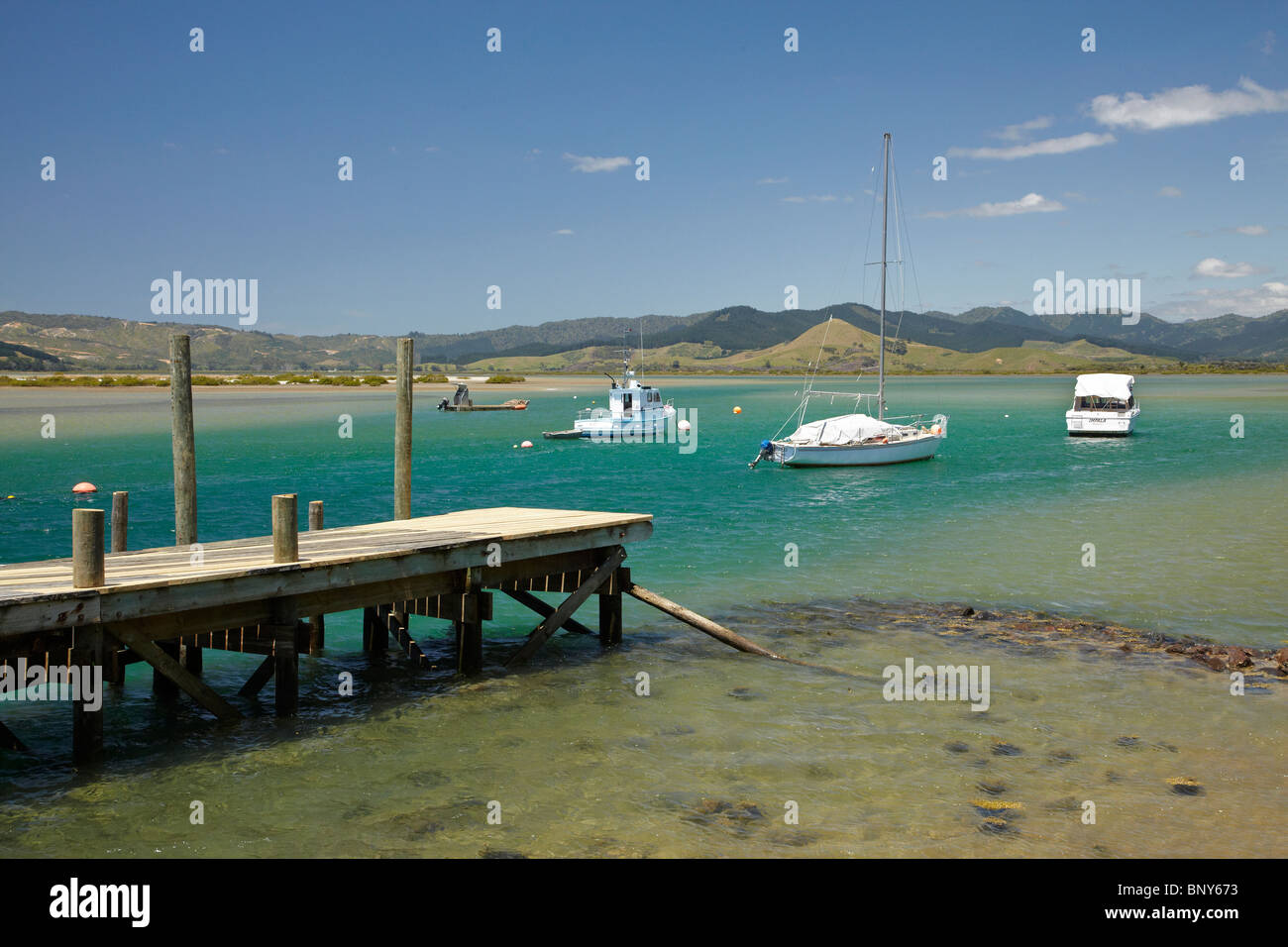 Steg und Boote, Whangapoua Hafen, Coromandel Halbinsel, Nordinsel, Neuseeland Stockfoto