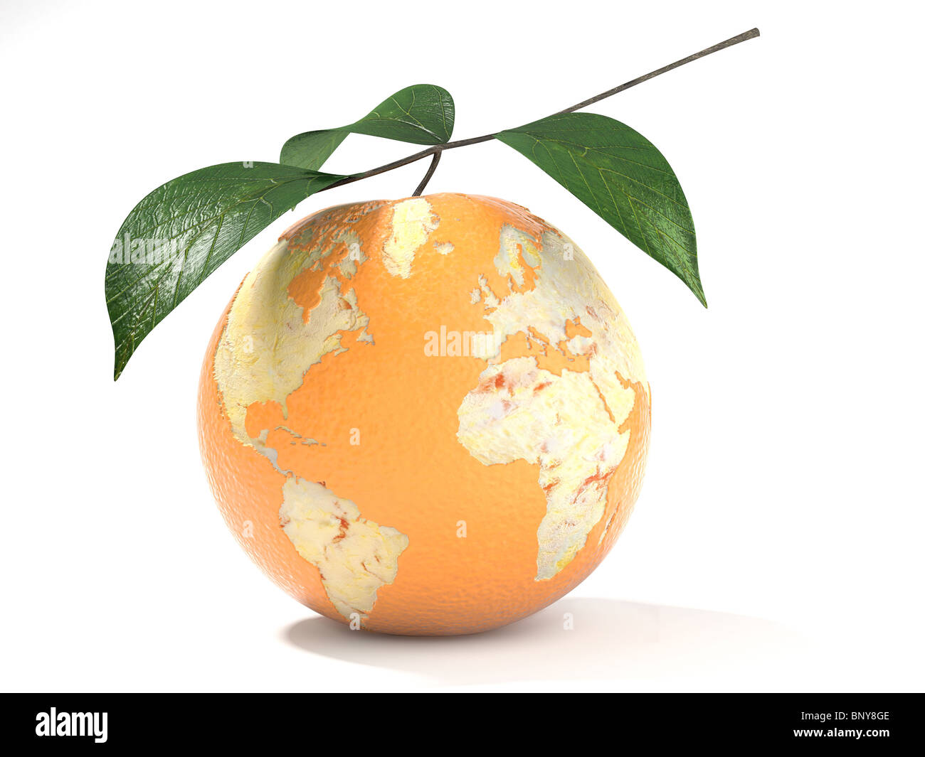 Konzept der Earth-Karte auf eine teilweise geschälte Orange gemacht. Stockfoto