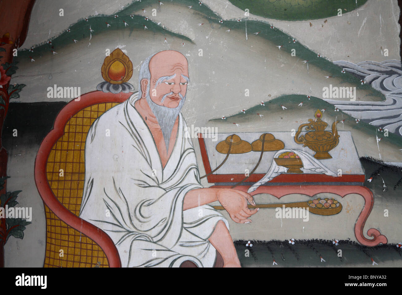 Detail eines Wandbildes im Kloster Tashichho Dzong in Thimpu, Bhutan. Stockfoto