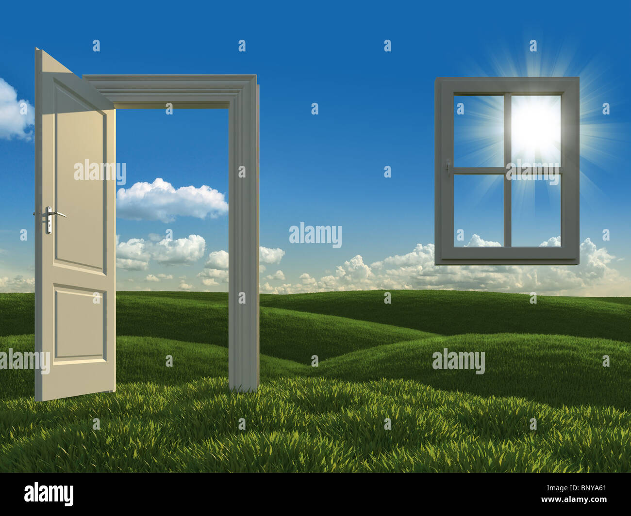 weiße Tür und Fenster auf den Wiesen als Konzept für grünes Haus-Entwicklung Stockfoto