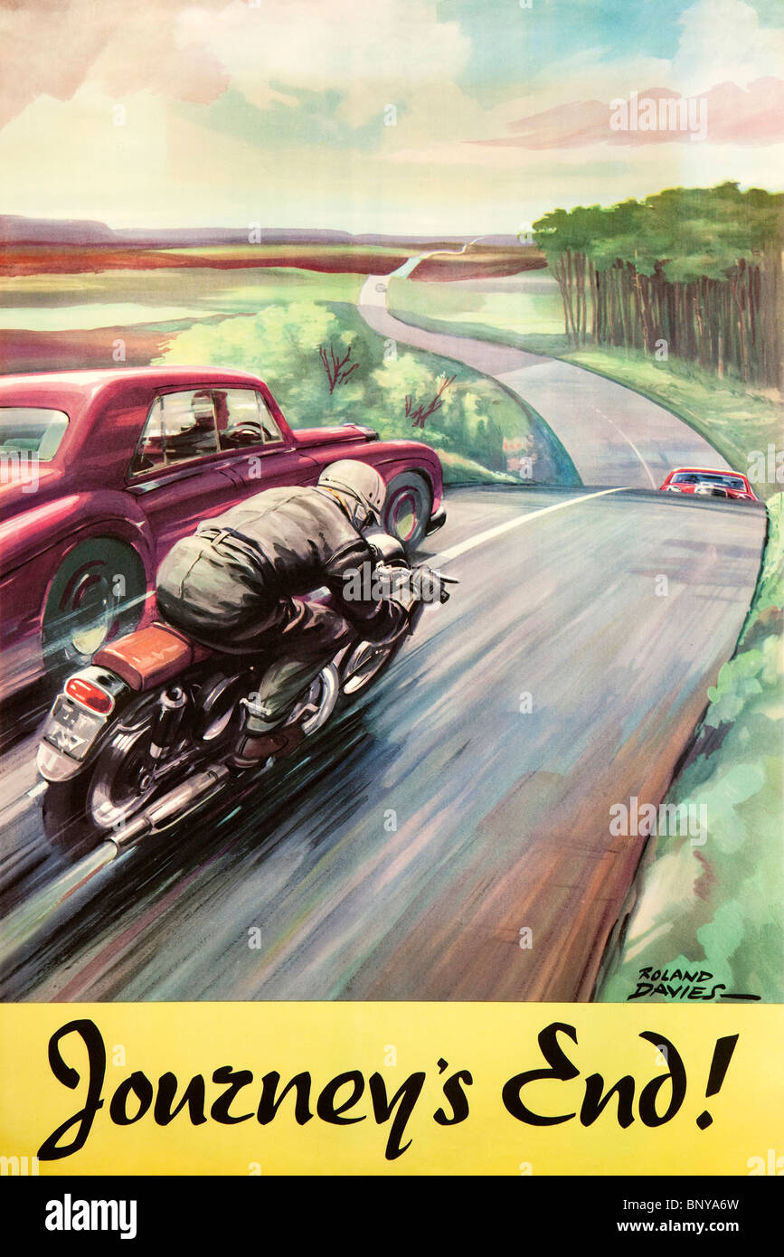 Am Ende der Reise, 1950er Jahre, Motorradfahren Sicherheitsposter von Roland Davies zeigt die Gefahr Überholmanöver auf der Braue des Hügels Stockfoto