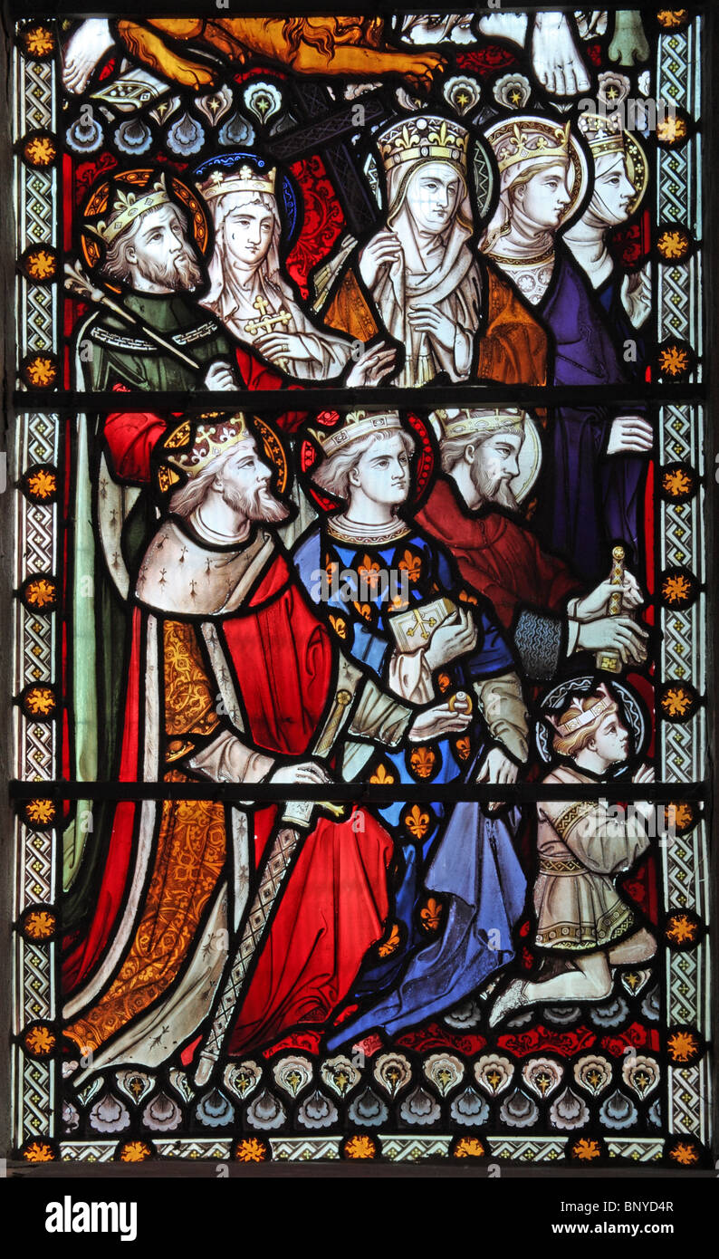 Ein Buntglasfenster von Hardman & Co. Mit den Royal Saints of England, All Saints Church, Ladbroke, Warwickshire Stockfoto