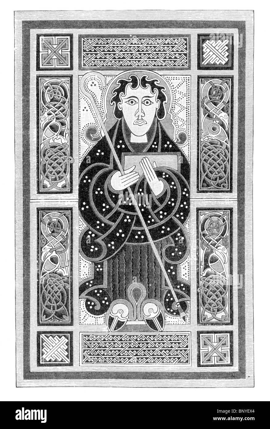Schwarz und weiß-Abbildung des Heiligen Matthäus aus dem Evangelium-Buch von Mac Durnan in der Lambeth Palace Library; 9. Jahrhundert Stockfoto