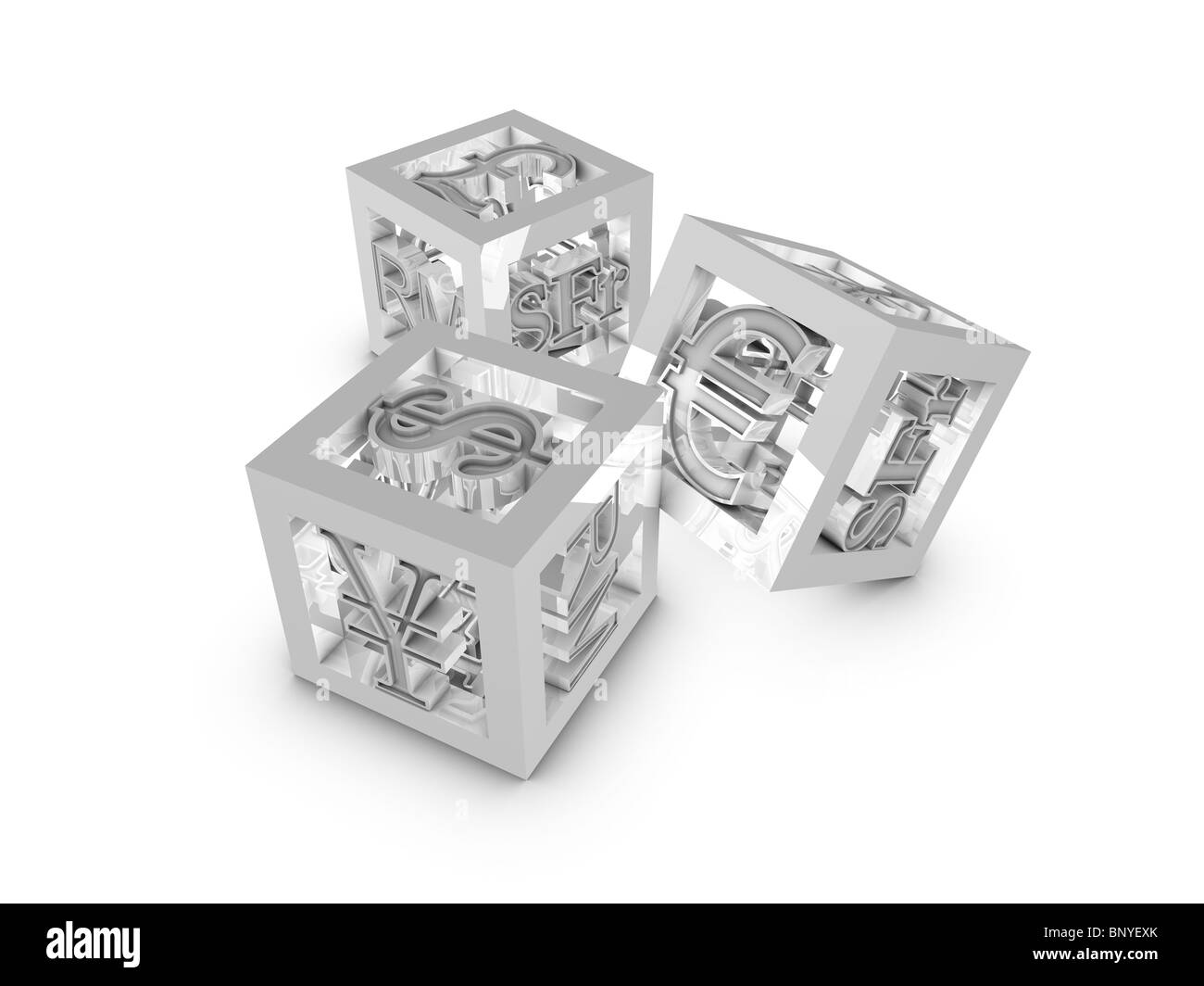 3D-Bild, Cube Währungssymbol auf weißem Hintergrund Stockfoto