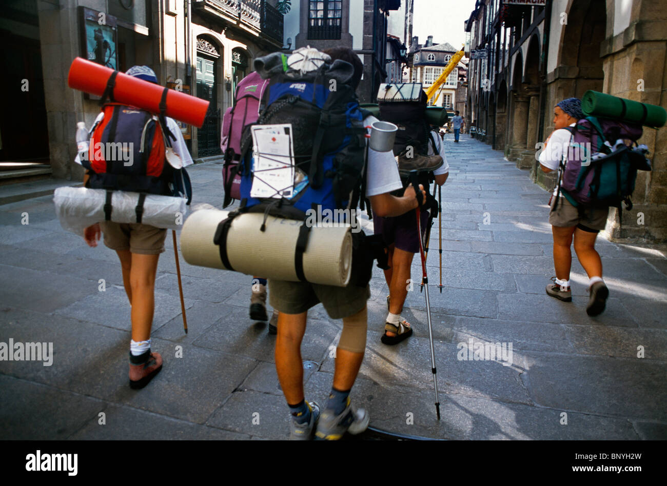 Galizien-Spanien-Santiago de Compostela Pilger & Jakobsmuschel Shells Backpackers Stockfoto
