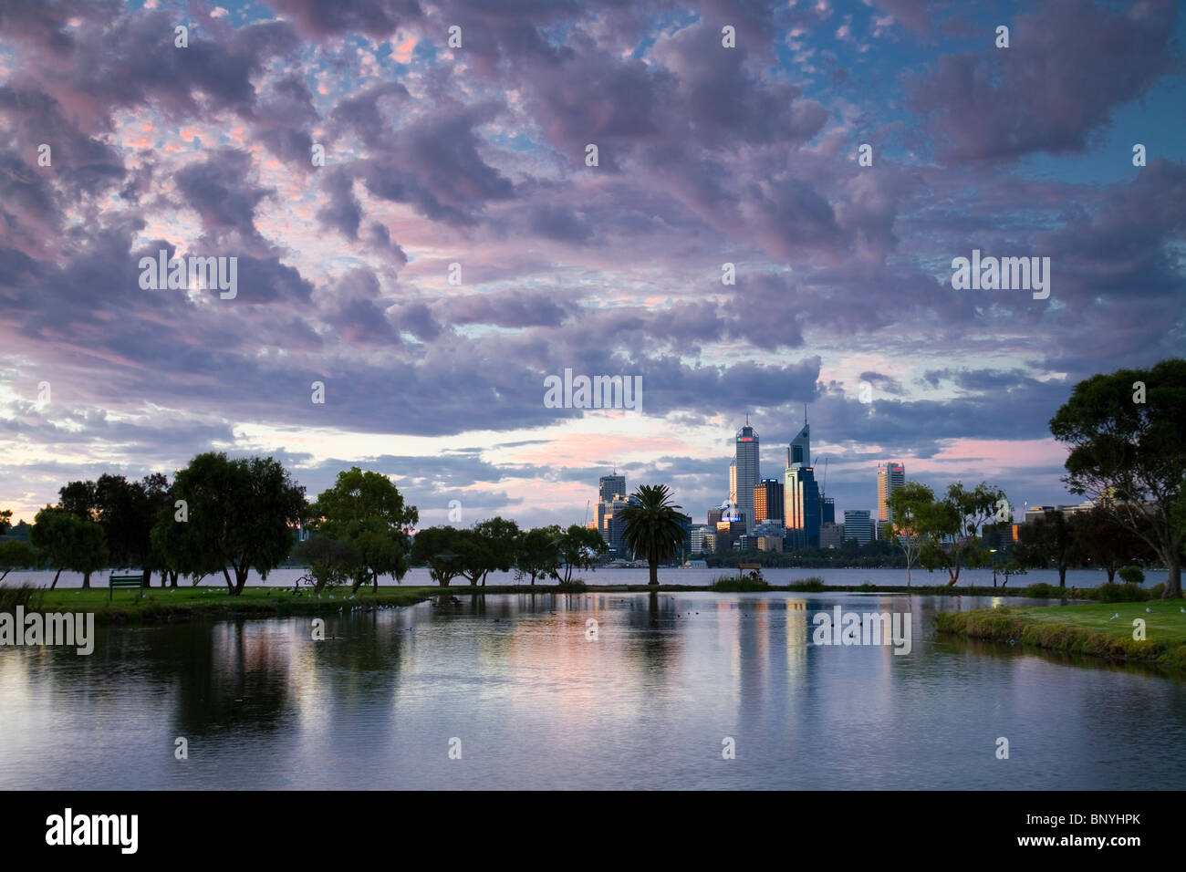 Blick über James Mitchell Park und den Swan River, die Skyline der Stadt. Perth, Western Australia, Australien. Stockfoto