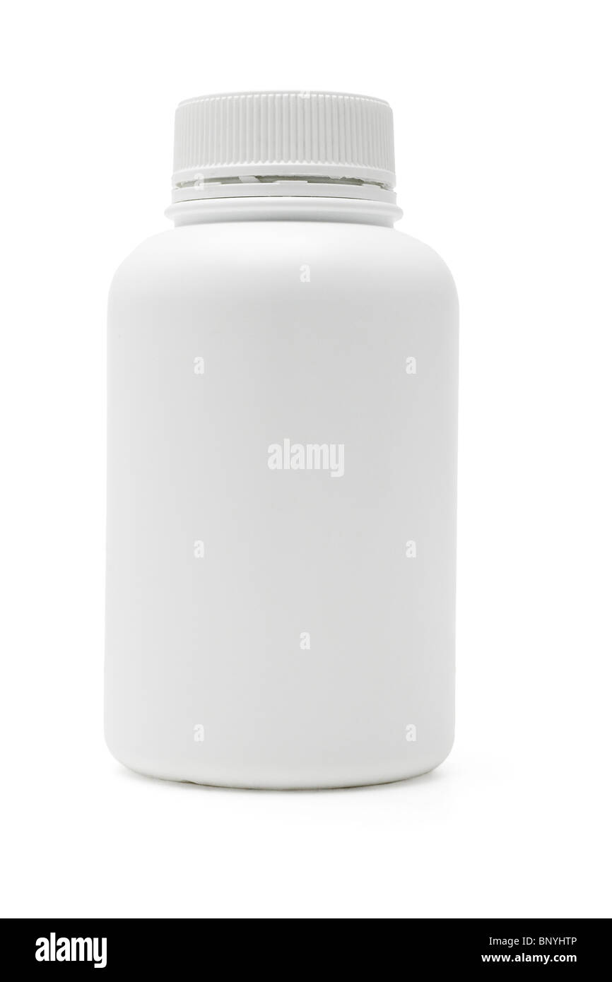 Schlichte Kunststoff Medikamentenbehälter auf weißem Hintergrund Stockfoto