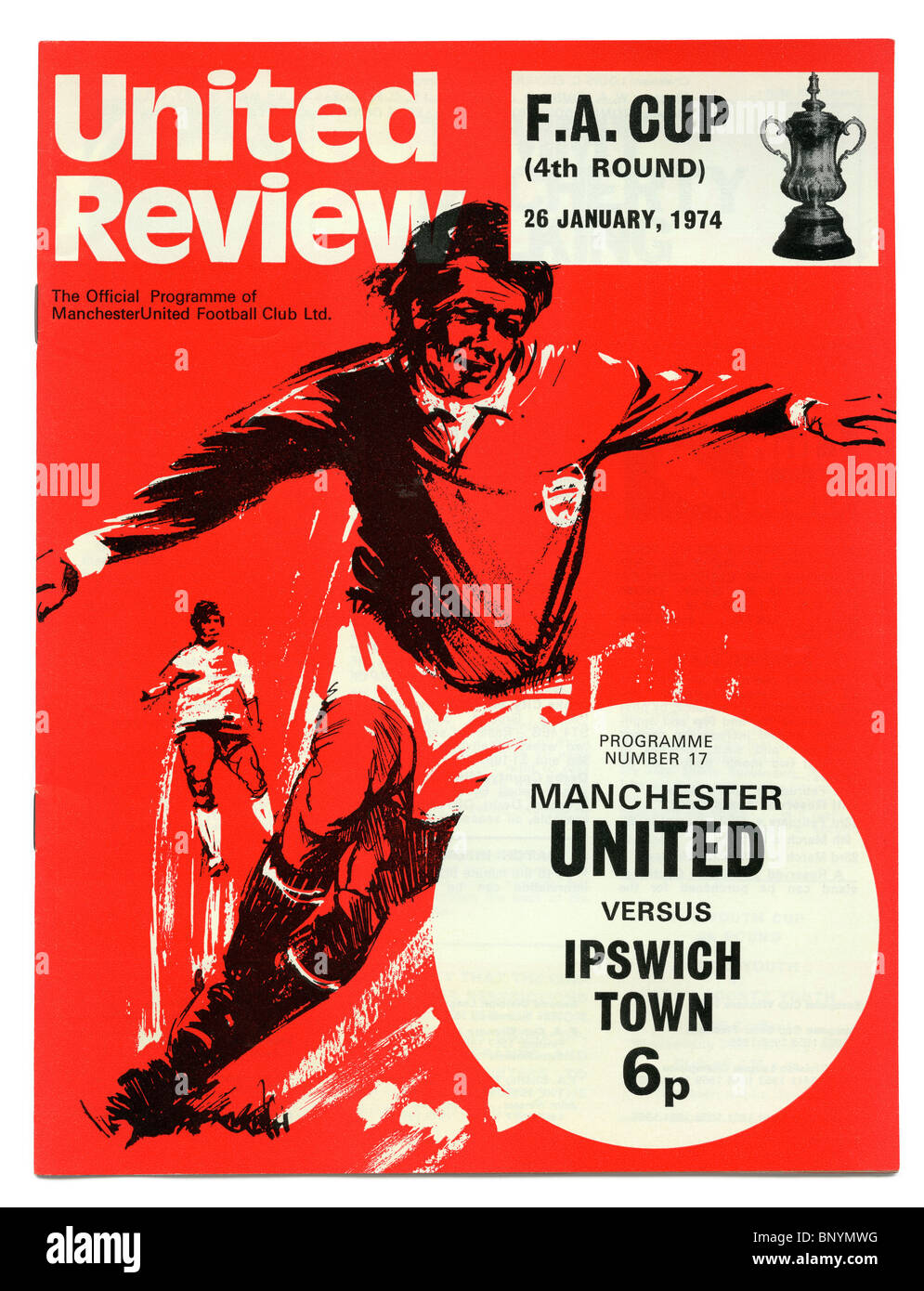 Manchester United Fußball-Programm zum Preis von 6p für den FA Cup 4. Runde match gegen Ipswich Town 26. Januar 1974 Stockfoto