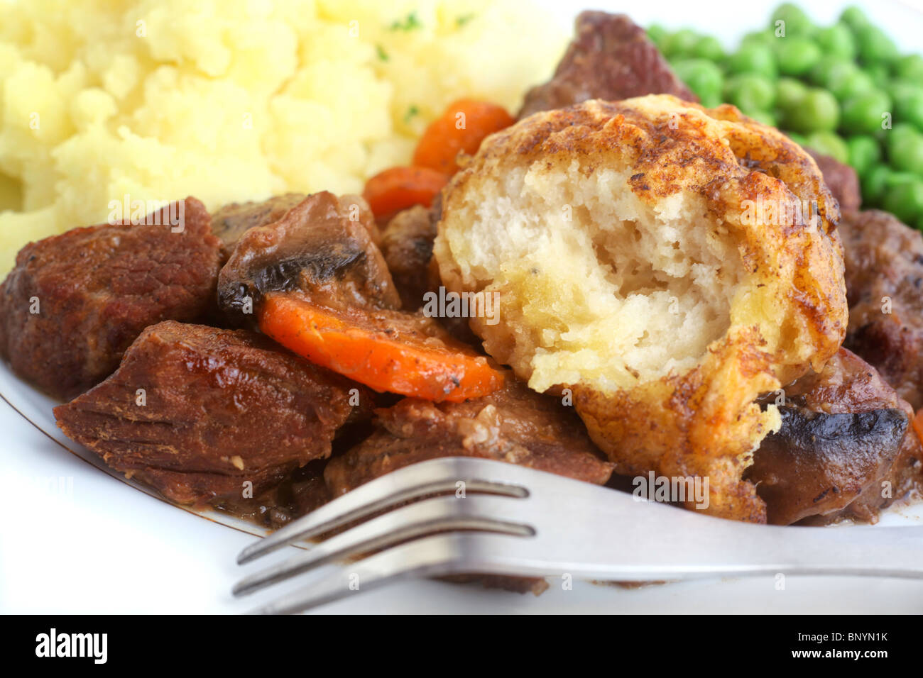 Nahaufnahme eines Abendessens vom Rind, Champignons und Karotten-Eintopf mit Knödel Stockfoto