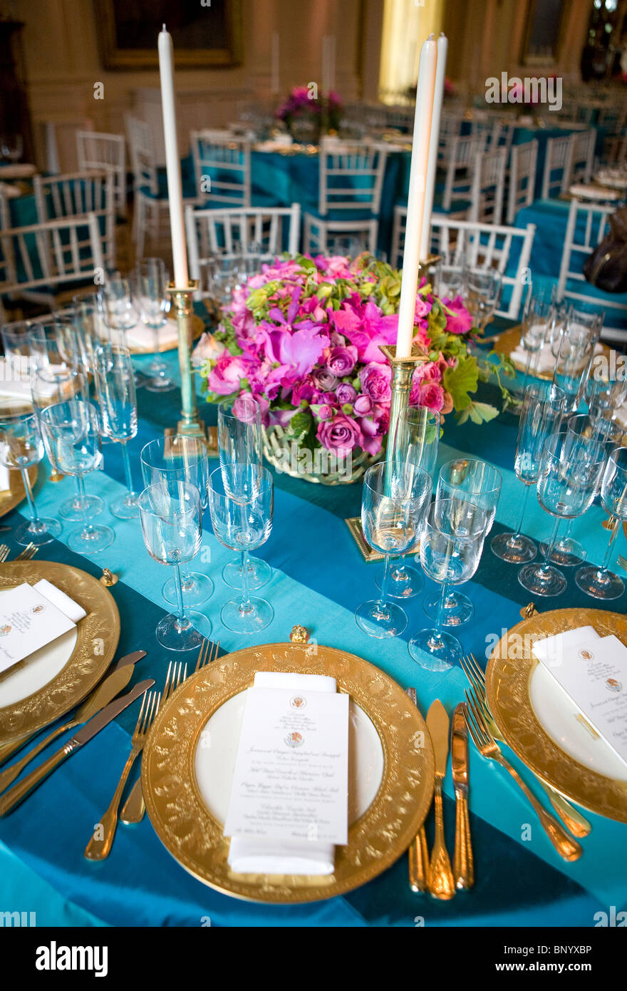 Dekorationen und Gedecke für Mexico State Dinner im Weißen Haus. Stockfoto