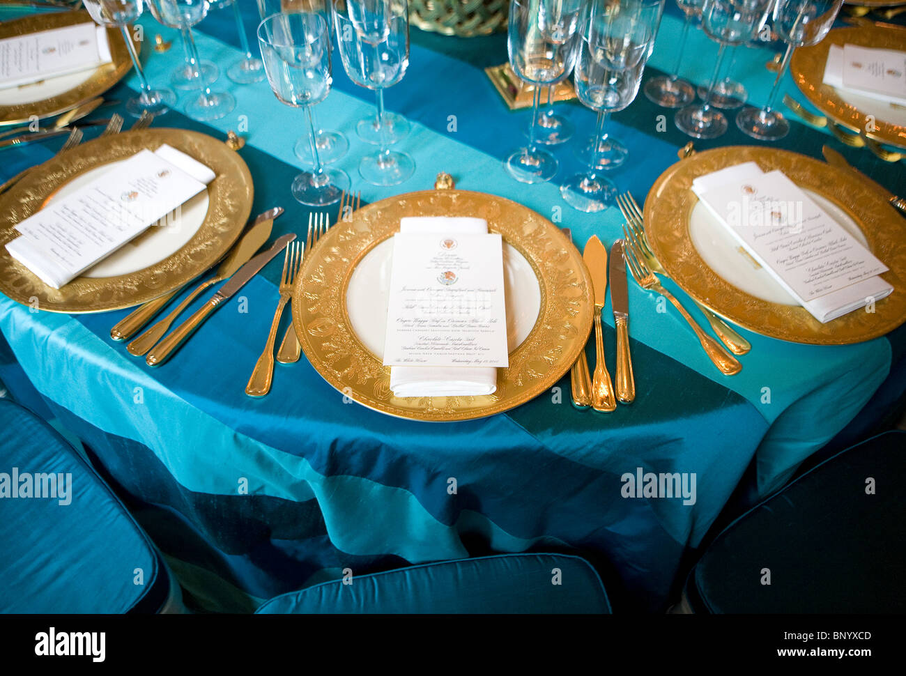 Dekorationen und Gedecke für Mexico State Dinner im Weißen Haus. Stockfoto