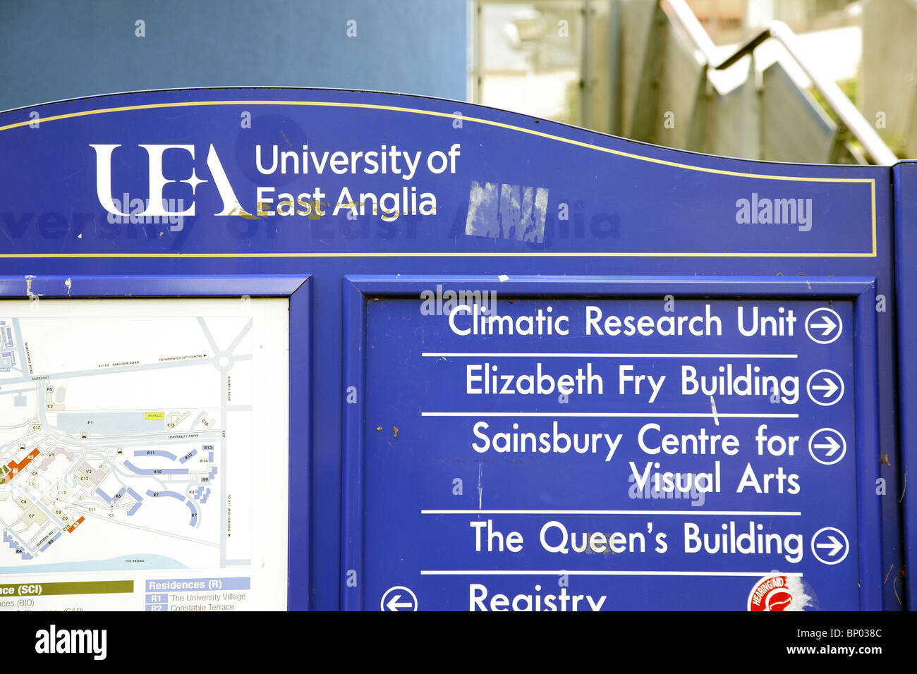 University of East Anglia Richtungen Board zeigt der klimatischen Research Unit. Stockfoto