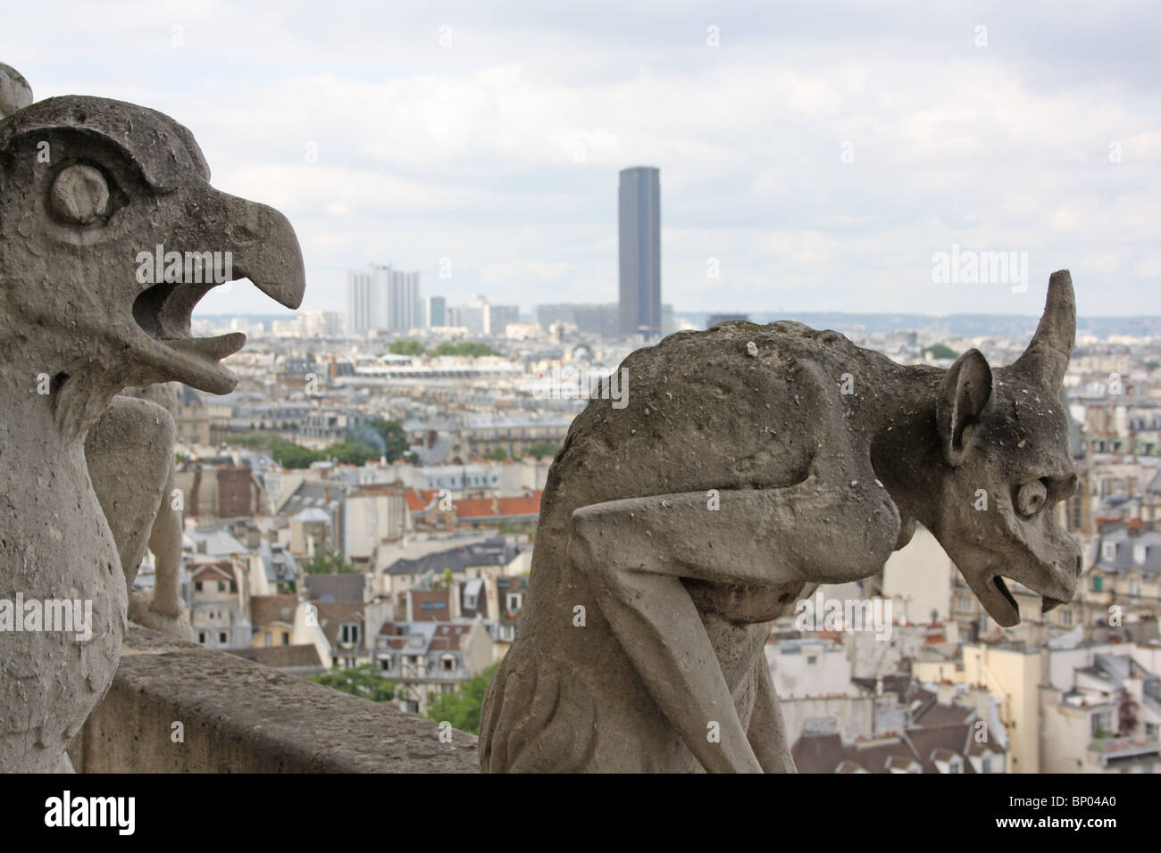 Kathedrale Notre Dame, Paris. Chimären 20 & 21 auf dem Balkon, mit Tour Montparnasse im Hintergrund. Stockfoto