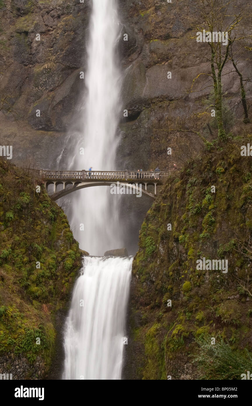 Touristen auf der Brücke am Multnomah Falls, die zweite höchste ganzjährig Wasserfall in den Vereinigten Staaten Stockfoto