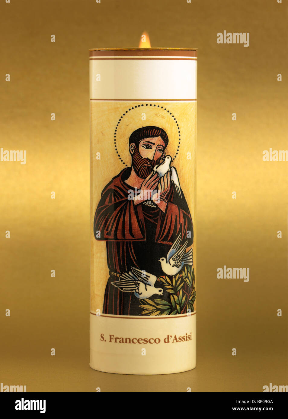 Kerze mit Bild des Heiligen Franziskus von assisi Stockfoto