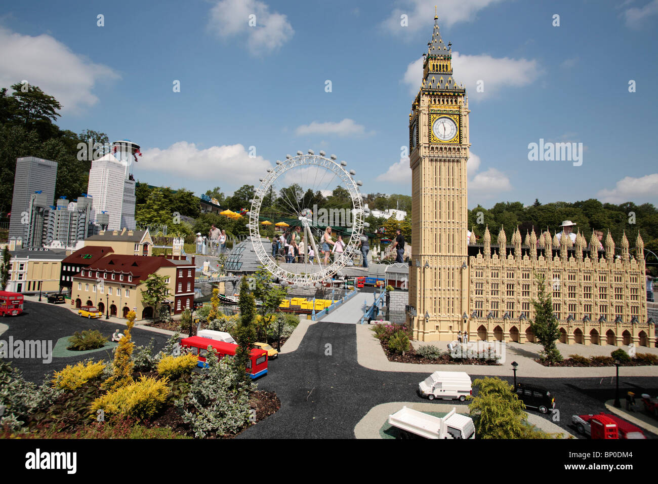 Windsor in Berkshire, England. Details der London im Legoland mit Big Ben, Houses of Parliament und Canary Wharf. Stockfoto